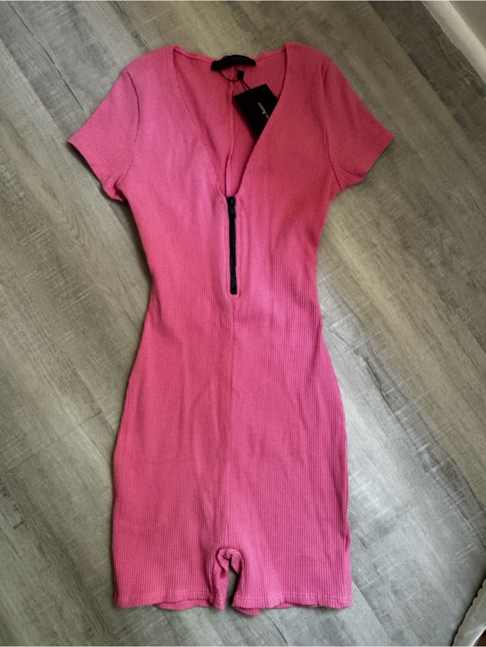 Pink Ribbed Short-Sleeve Zip-Front Romper